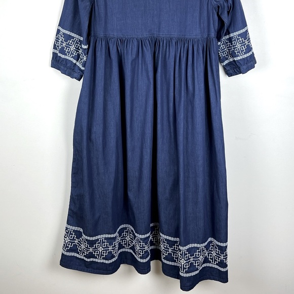 National | Prairie Vintage Style Embroidered Chambray Midi Dress | M - Picture 6 of 10
